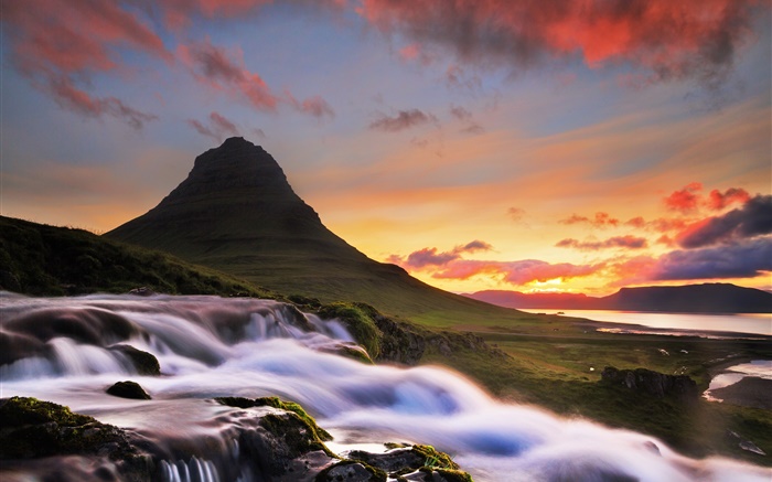 Islande, Kirkjufell, montagne, chute d'eau, le matin, le lever du soleil Fonds d'écran, image