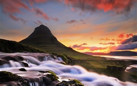 Islande, Kirkjufell, montagne, chute d'eau, le matin, le lever du soleil HD Fonds d'écran