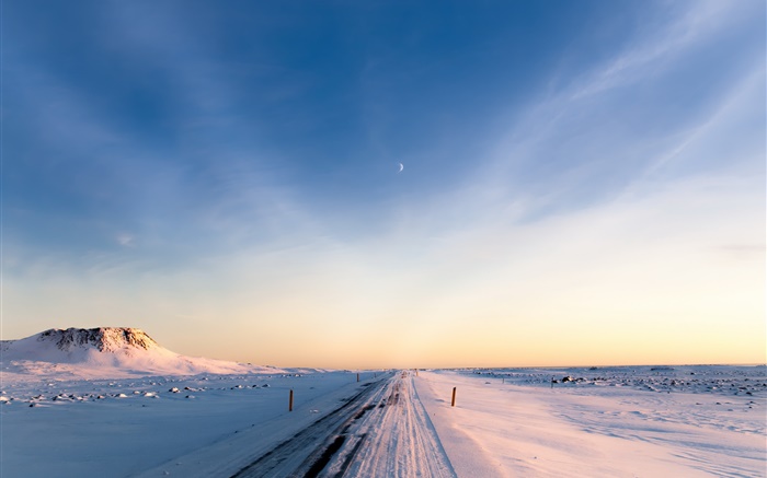 Islande, hiver, neige, route, matin, ciel Fonds d'écran, image