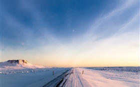 Islande, hiver, neige, route, matin, ciel