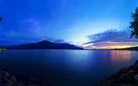 Lac Léman, Suisse, coucher de soleil, nuages, beau paysage