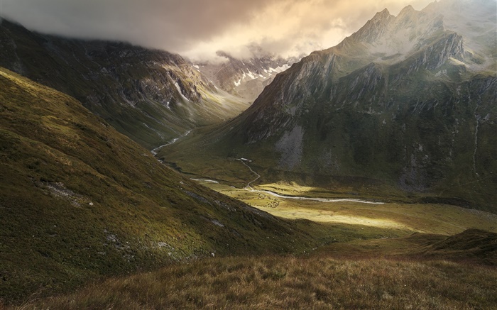 Montagnes, vallée, rivière, nuages, nature paysage Fonds d'écran, image