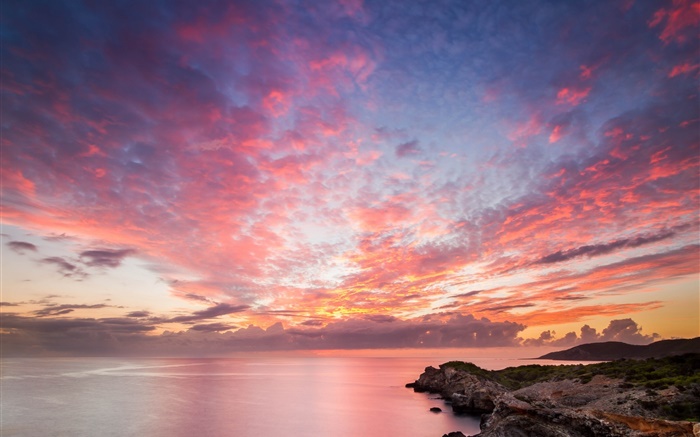 Océan, côte, roches, coucher de soleil, ciel rouge, beau paysage Fonds d'écran, image