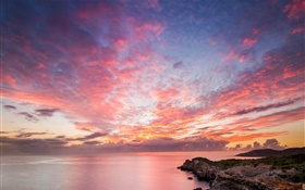 Océan, côte, roches, coucher de soleil, ciel rouge, beau paysage HD Fonds d'écran