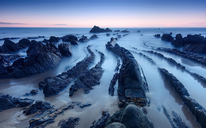 Océan, côte, pierres, roches, l'aube Fonds d'écran, image