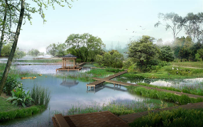 Vue sur le parc, le lac, les canards, les arbres, pavillon, herbe, oiseaux, 3D rendent des photos Fonds d'écran, image