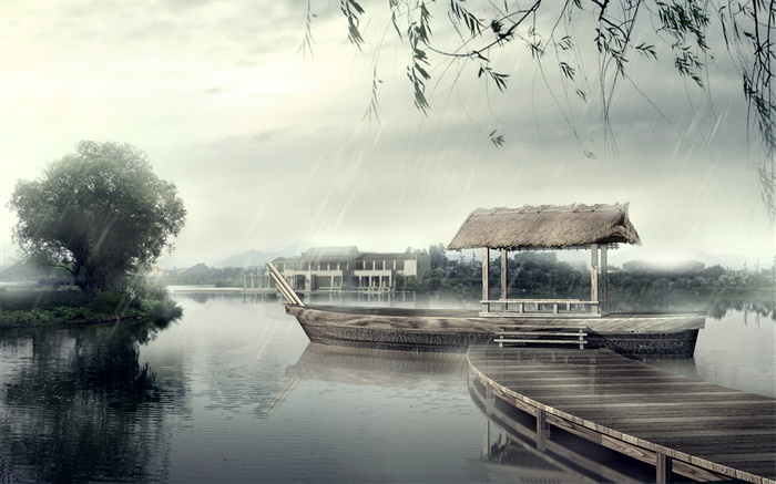 Pier, bateau, rivière, arbres, jour de pluie, la conception 3D Fonds d'écran, image
