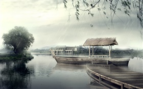 Pier, bateau, rivière, arbres, jour de pluie, la conception 3D HD Fonds d'écran