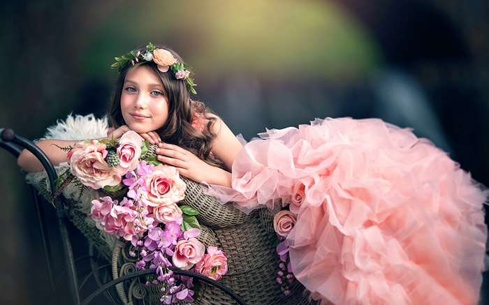 Robe rose fille, fleurs, guirlande Fonds d'écran, image