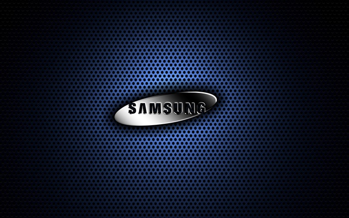 Samsung logo en métal, fond bleu Fonds d'écran, image