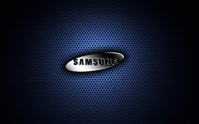 Samsung logo en métal, fond bleu