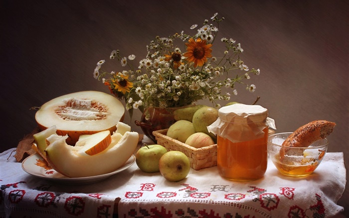 Nature morte, nourriture, fleurs, pommes, miel, le cantaloup Fonds d'écran, image
