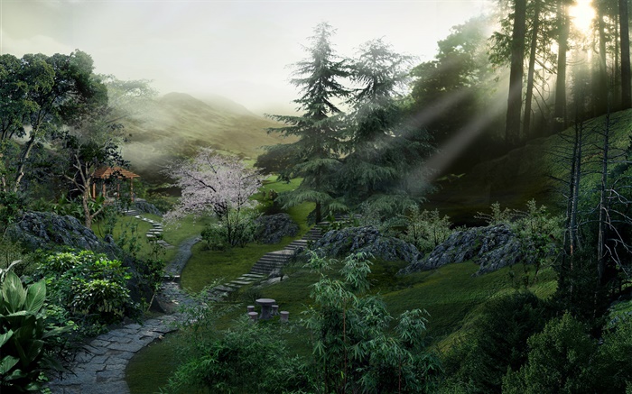 Chemin de pierre dans le parc, les arbres, les rayons du soleil, 3D rendent la conception Fonds d'écran, image