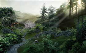 Chemin de pierre dans le parc, les arbres, les rayons du soleil, 3D rendent la conception HD Fonds d'écran