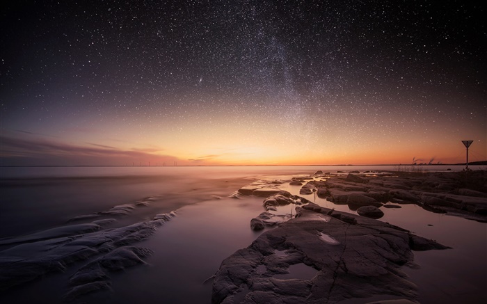 Suède, Karlstad, Vanern, lac, nuit, soir, coucher de soleil, étoiles Fonds d'écran, image