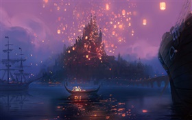 Tangled, Rapunzel, rivière, bateau, nuit, lumières, film de bande dessinée, art
