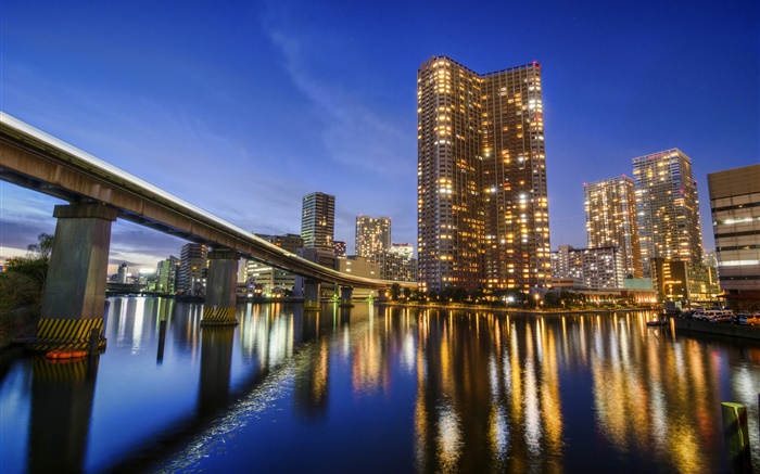 Tokyo, Japon, ville, nuit, baie, réflexion de l'eau, gratte-ciel, lumières Fonds d'écran, image
