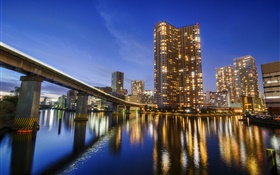 Tokyo, Japon, ville, nuit, baie, réflexion de l'eau, gratte-ciel, lumières HD Fonds d'écran