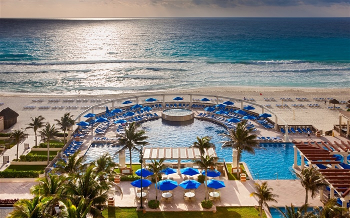 Tropical resort, océan, plage, palmiers, piscine de natation Fonds d'écran, image