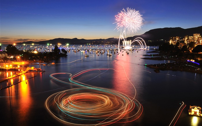 Vancouver, Colombie-Britannique, Canada, English Bay, nuit, feux d'artifice, bateaux Fonds d'écran, image