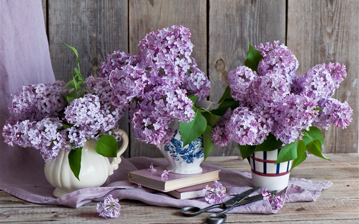 Vase, lilas, fleurs pourpres, des livres, des ciseaux Fonds d'écran, image