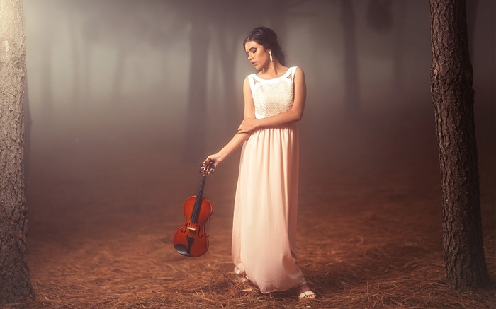 Robe blanche fille dans la forêt, le violon, l'humeur Fonds d'écran, image