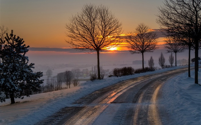 Hiver, le matin, l'aube, la route, les arbres, la neige, le lever du soleil Fonds d'écran, image