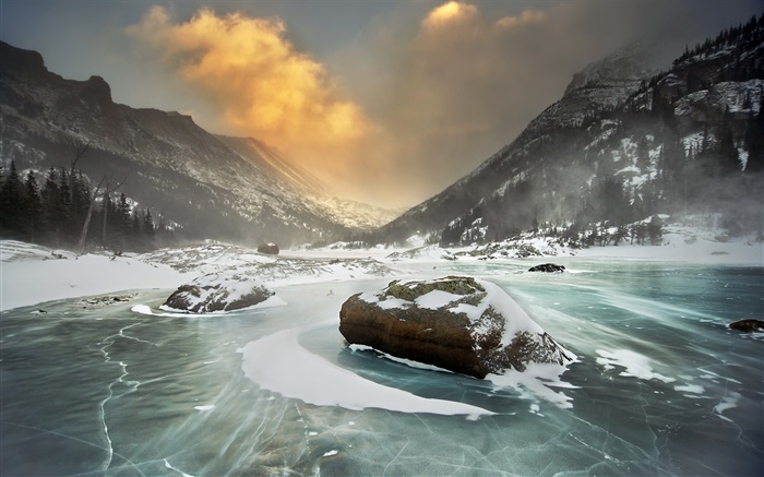 Hiver, neige, montagnes, lac, nature paysage Fonds d'écran, image