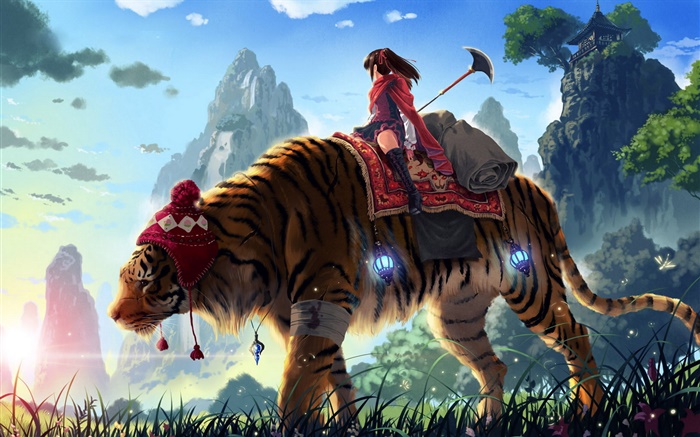 Anime girl tour tigre, montagnes, herbe Fonds d'écran, image