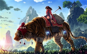 Anime girl tour tigre, montagnes, herbe