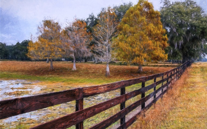 peinture à l'automne, les arbres, clôture Fonds d'écran, image