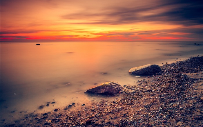 Côte, mer, plage, ciel rouge, nuages, coucher de soleil Fonds d'écran, image