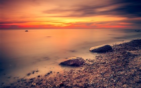 Côte, mer, plage, ciel rouge, nuages, coucher de soleil HD Fonds d'écran
