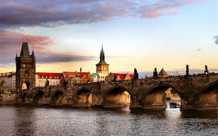 République tchèque, Prague, ville, pont, rivière, maisons Fonds d'écran, image