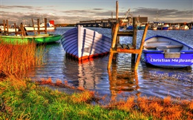 Dock, bateaux, rivière, herbe, nuages HD Fonds d'écran