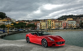 Ferrari California supercar rouge, maisons, nuages HD Fonds d'écran