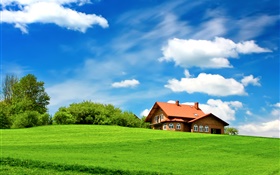 Green grass, arbres, maison, nuages, ciel bleu HD Fonds d'écran