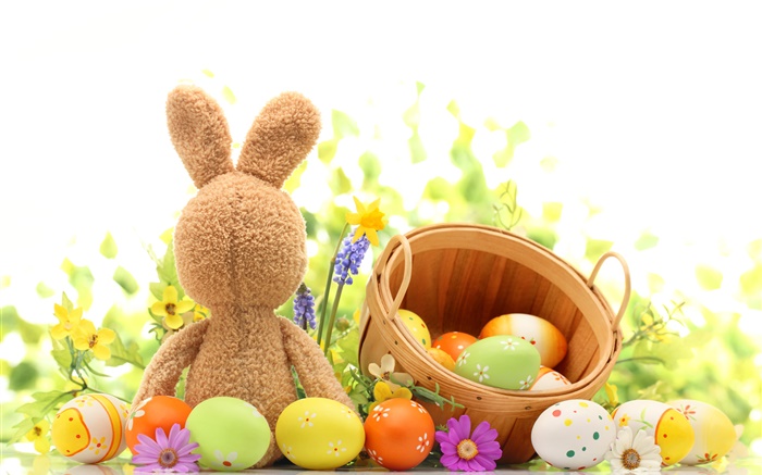 Joyeuses Pâques, oeufs colorés, décoration, tulipes, lapin jouet Fonds d'écran, image