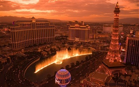 Las Vegas, ville, fontaine, lumière, tour, maisons