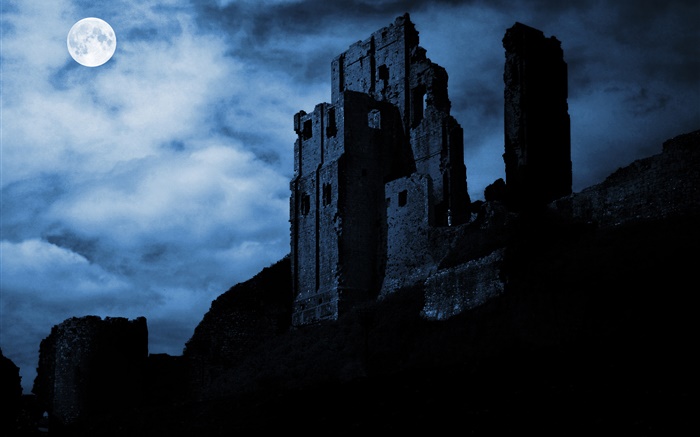 Nuit, lune, ruines, forteresse, nuages Fonds d'écran, image
