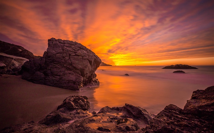 coucher de soleil océan, côte, rochers, nuages, ciel rouge Fonds d'écran, image