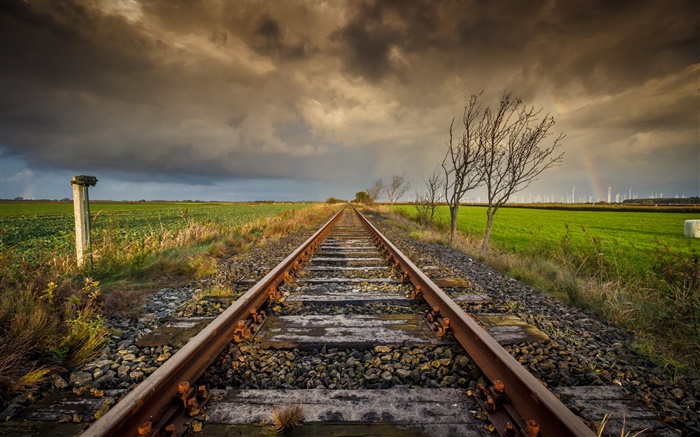Chemin de fer, arbres, nuages, crépuscule Fonds d'écran, image