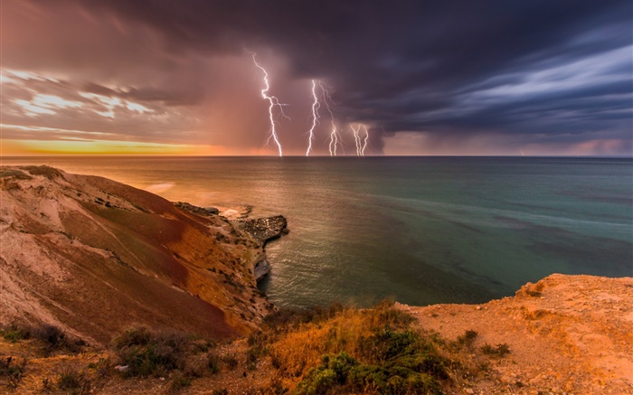 Australie du Sud, tempête, nuages, foudre, mer, côte Fonds d'écran, image