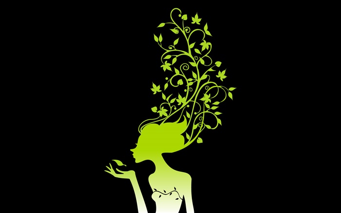 Spring girl, plantes, feuilles, fond noir, vecteur images Fonds d'écran, image