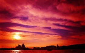 Venise, Italie, rivière, coucher de soleil, ciel rouge HD Fonds d'écran