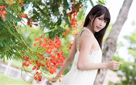 Robe blanche fille asiatique, fleurs, été HD Fonds d'écran