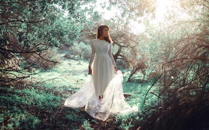 Robe blanche fille dans la forêt, le soleil, l'éblouissement Fonds d'écran, image