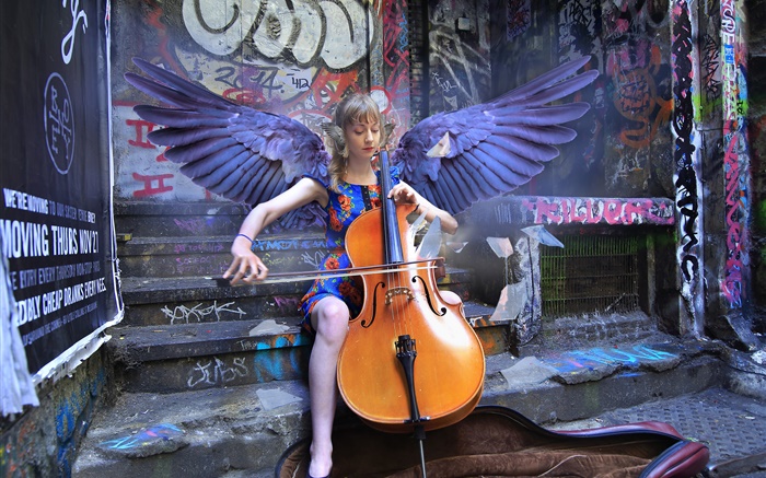 Angel girl jeu violoncelle, ailes Fonds d'écran, image