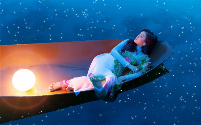 fille sommeil asiatique en bateau de nuit Fonds d'écran, image