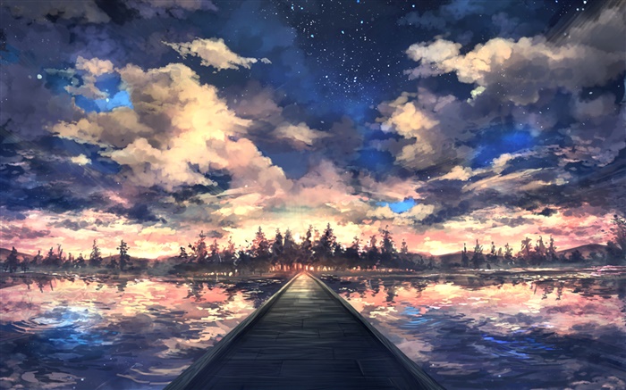 Pont, rivière, arbres, ciel, nuages, coucher de soleil, dessin d'art Fonds d'écran, image